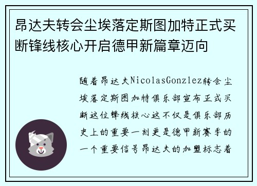 昂达夫转会尘埃落定斯图加特正式买断锋线核心开启德甲新篇章迈向