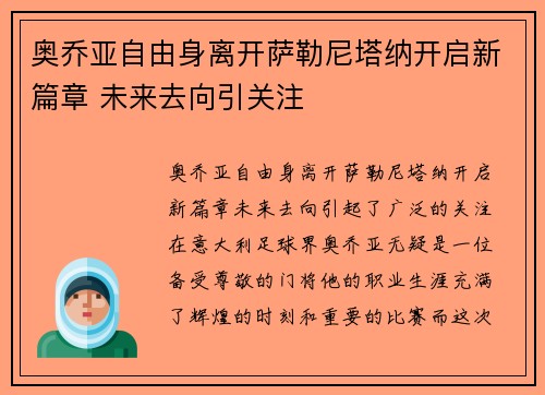 奥乔亚自由身离开萨勒尼塔纳开启新篇章 未来去向引关注 奥乔亚自由身离开萨勒尼塔纳开启新篇章 未来去向引关注